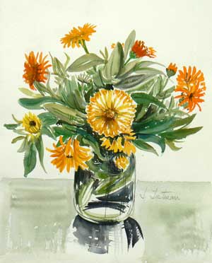 'Marigolds in a jar' - watercolour